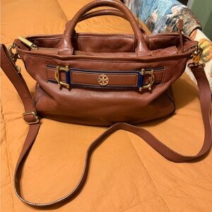 Tory Burch Brown Leather Shoulder Bag with Gold and Blue Accents